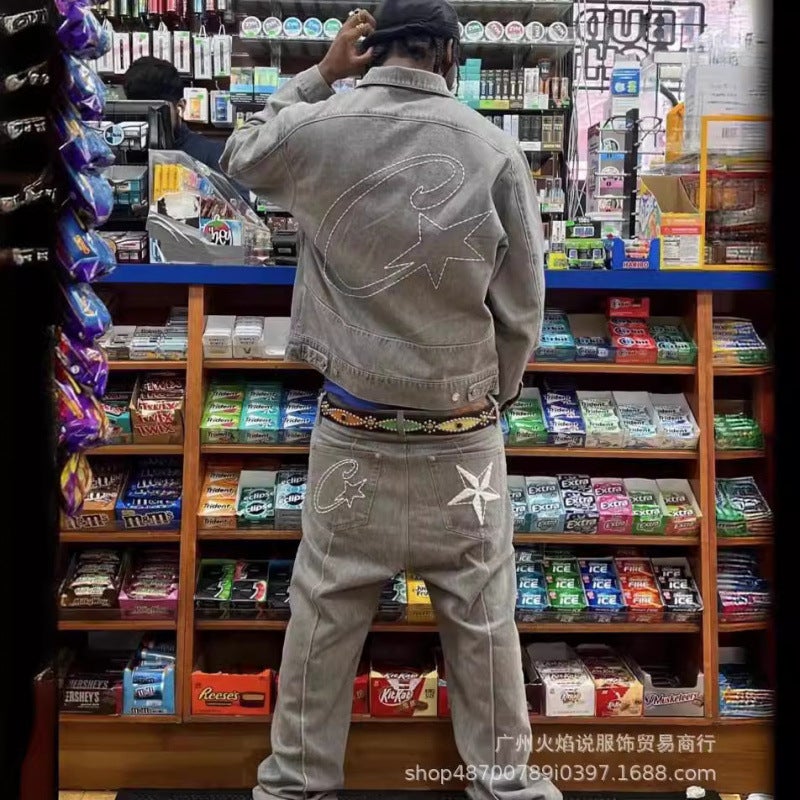 Corteiz Denim Suit High Street Western Denim Jacket Jacket Loose Jeans Trendy Brand - Image 3